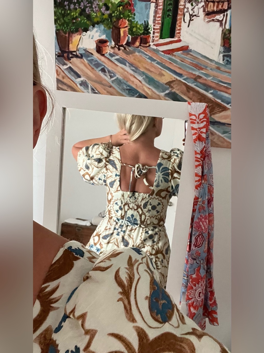 Smocked Midi Dress with Blue and Brown Tile Floral Print - Picture 3 of 5